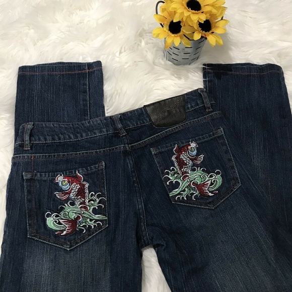 Ed Hardy Denim - ED HARDY Stretch Low Rise Embroidered Jewel Koi
